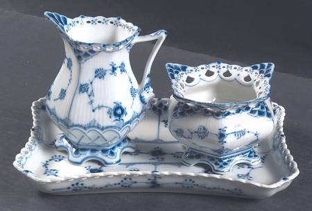 Blue Fluted Full Lace (No Trim) Creamer & Open Sugar with Tray