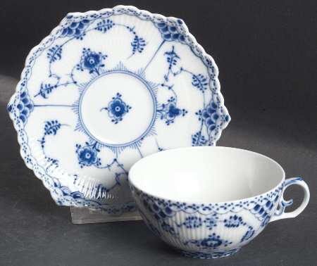 Blue Fluted Full Lace (No Trim) Flat Cup & Saucer Set