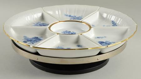 Blue Flowers (Curved, Gold) 8 Pc Lazy Susan (6 Sides, 1 Center, Base)
