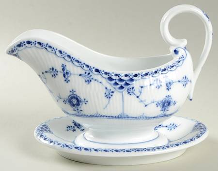 Blue Fluted Half Lace Border (No Trim) Gravy Boat with Attached Underplate