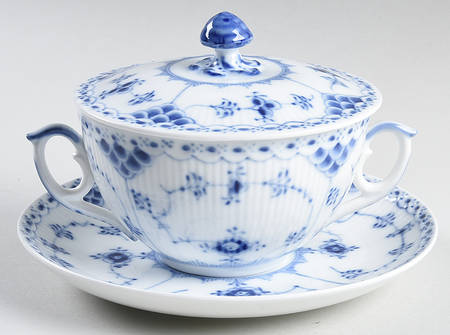 Blue Fluted Half Lace Border (No Trim) Flat Cream Soup Bowl & Saucer Set with Lid