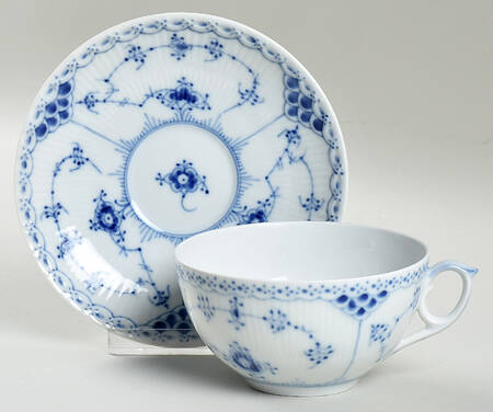 Blue Fluted Half Lace Border (No Trim) Flat Cup & Saucer Set