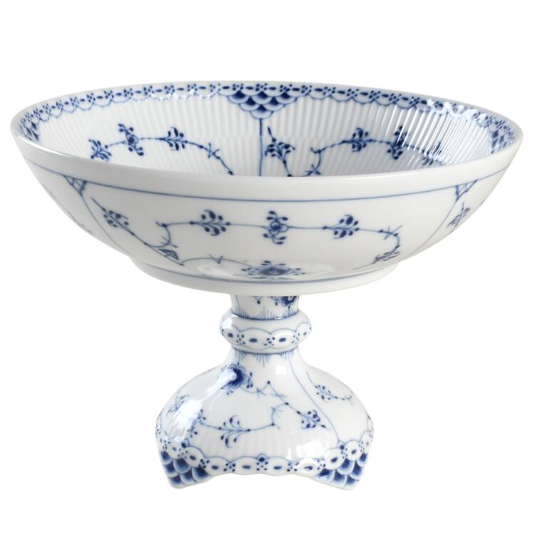 Blue Fluted Half Lace Border (No Trim) Footed Cake Plate