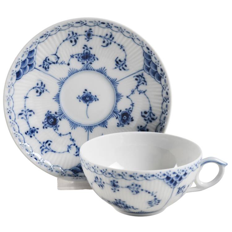 Blue Fluted Half Lace Border (No Trim) Flat Cup & Saucer Set