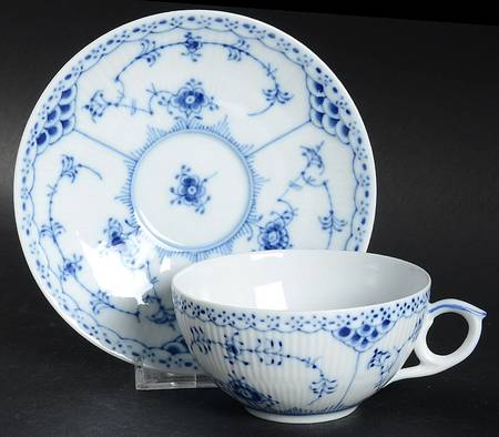Blue Fluted Half Lace Border (No Trim) Large Flat Cup & Saucer Set