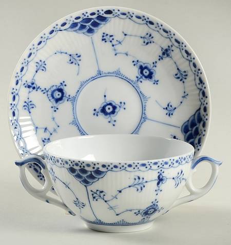 Blue Fluted Half Lace Border (No Trim) Flat Cream Soup Bowl & Saucer Set