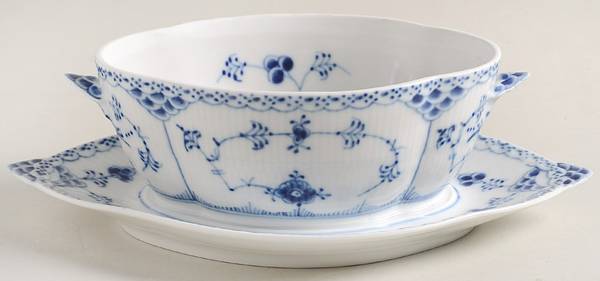 Blue Fluted Half Lace Border (No Trim) Gravy Boat w/Attached Underplate No Lid