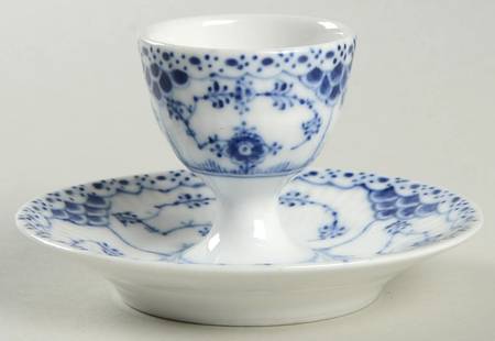 Blue Fluted Half Lace Border (No Trim) Egg Cup with Attached Underplate