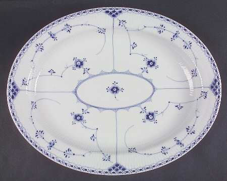 Blue Fluted Half Lace Border (No Trim) 16" Oval Serving Platter