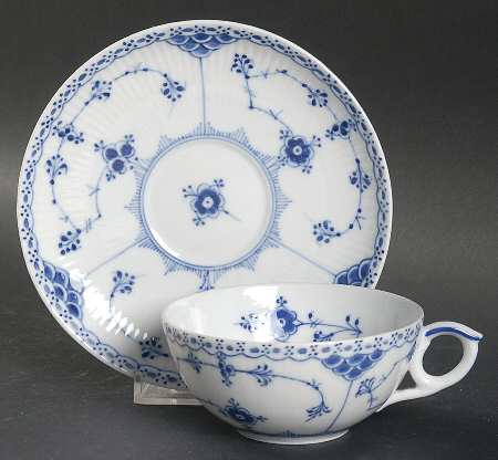 Blue Fluted Half Lace Border (No Trim) Flat Cup & Saucer Set