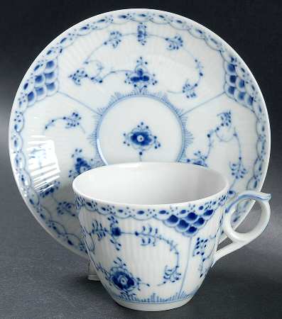 Blue Fluted Half Lace Border (No Trim) Flat Cup & Saucer Set