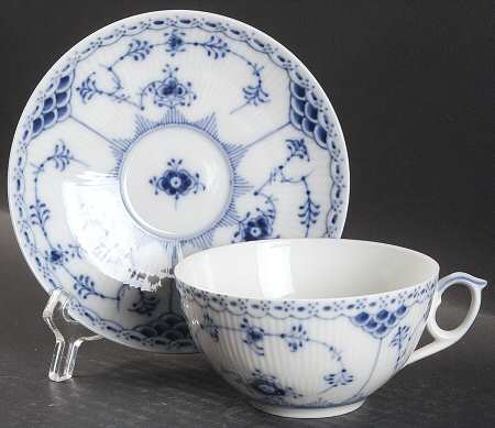Blue Fluted Half Lace Border (No Trim) Breakfast Cup & Saucer Set