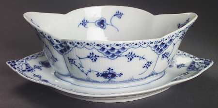 Blue Fluted Half Lace Border (No Trim) Gravy Boat with Attached Underplate