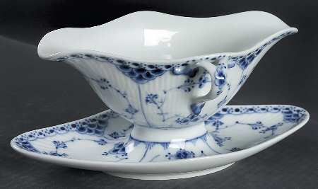Blue Fluted Half Lace Border (No Trim) Gravy Boat with Attached Underplate by Royal Copenhagen
