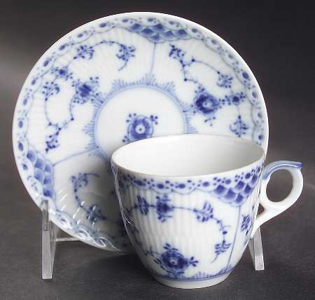 Blue Fluted Half Lace Border (No Trim) Flat Demitasse Cup & Saucer Set