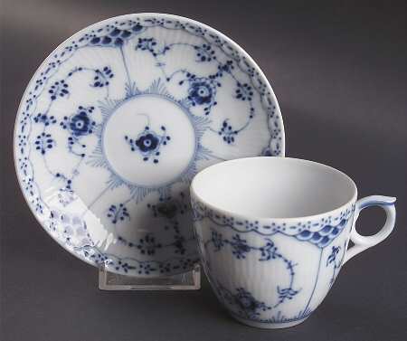 Blue Fluted Half Lace Border (No Trim) Flat Cup & Saucer Set