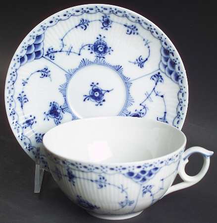 Blue Fluted Half Lace Border (No Trim) Flat Cup & Saucer Set