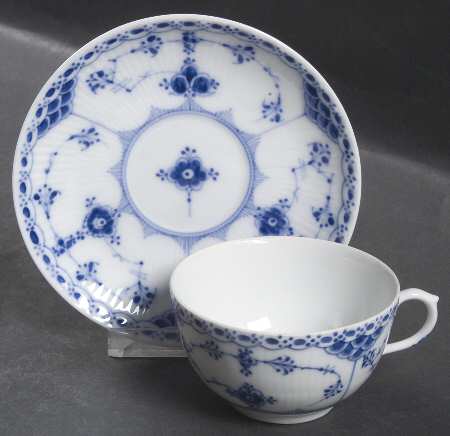 Blue Fluted Half Lace Border (No Trim) Flat Cup & Saucer Set