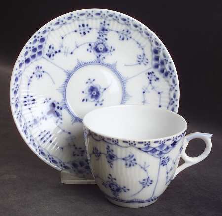 Blue Fluted Half Lace Border (No Trim) Flat Cup & Saucer Set