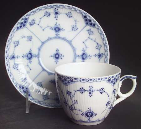 Blue Fluted Half Lace Border (No Trim) Oversized Cup & Saucer Set