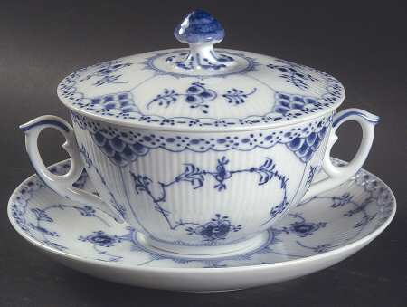 Blue Fluted Half Lace Border (No Trim) Flat Cream Soup Bowl & Saucer Set with Lid by Royal Copenhagen