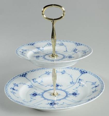 Blue Fluted Half Lace Border (No Trim) 6 5/8"-10"  2 Tiered Serving Tray (Dp, Sp) HC