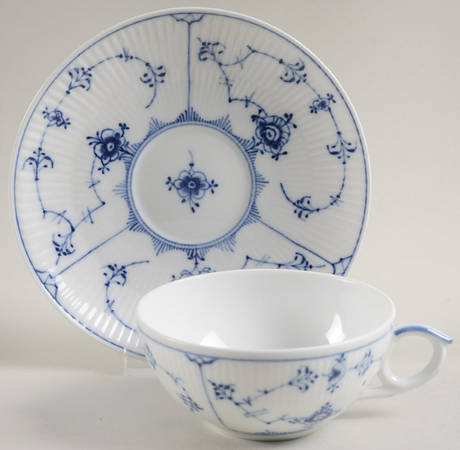 Blue Fluted Plain (No Trim) Flat Cup & Saucer Set