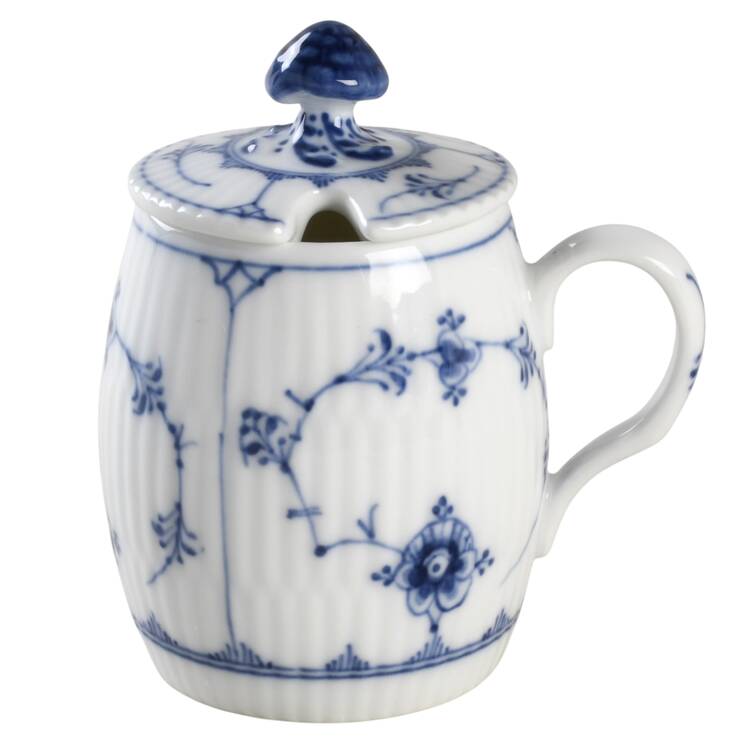 Blue Fluted Plain (No Trim) Mustard Jar & Lid