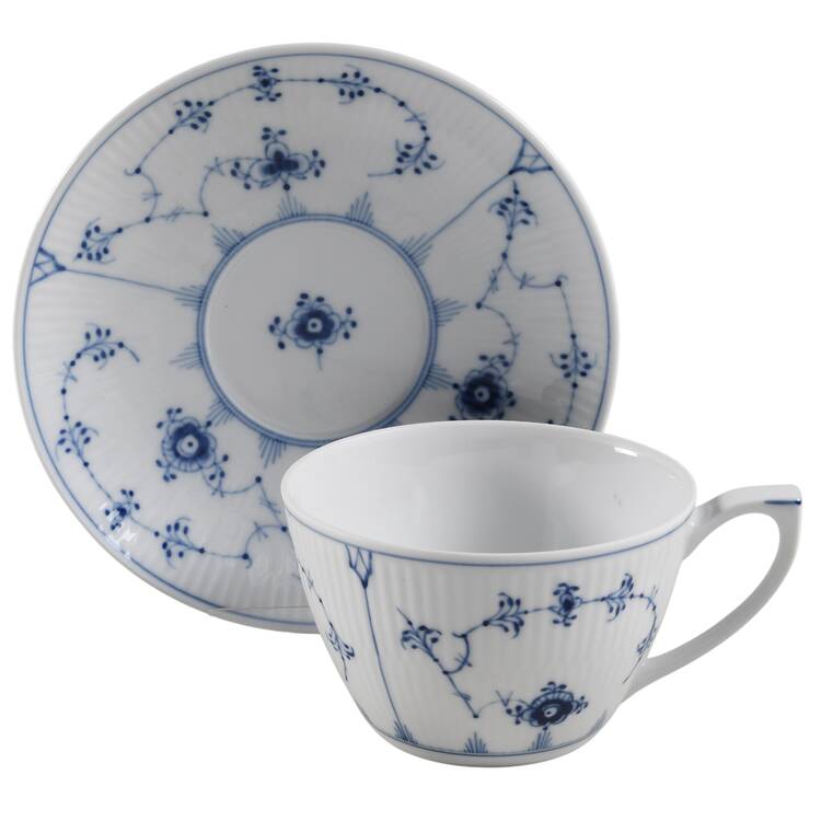 Blue Fluted Plain (No Trim) Flat Cup & Saucer Set