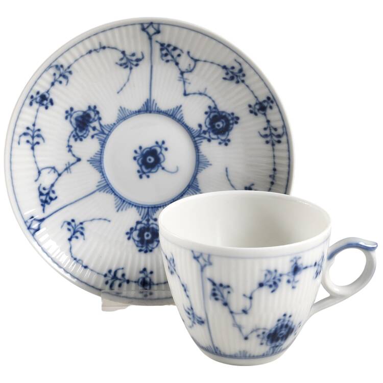 Blue Fluted Plain (No Trim) Flat Cup & Saucer Set