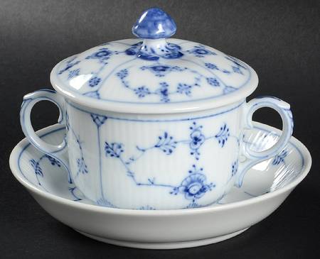 Blue Fluted Plain (No Trim) Bouillon Soup & Saucer with Lid