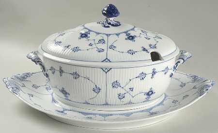 Blue Fluted Plain (No Trim) Oval Tureen & Lid  with Underplate