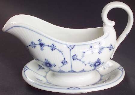 Blue Fluted Plain (No Trim) Gravy Boat with Attached Underplate