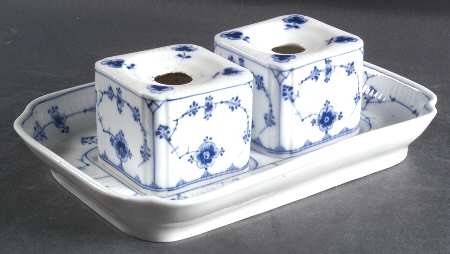 Blue Fluted Plain (No Trim) Double Ink Pot and Stand, No Lids