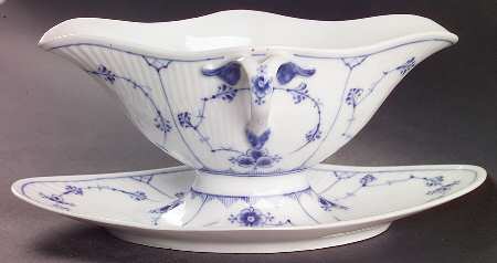 Blue Fluted Plain (No Trim) Gravy Boat with Attached Underplate