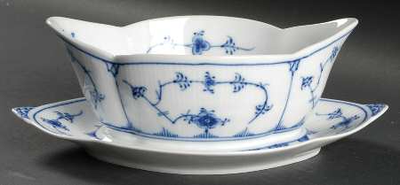 Blue Fluted Plain (No Trim) Gravy Boat with Attached Underplate