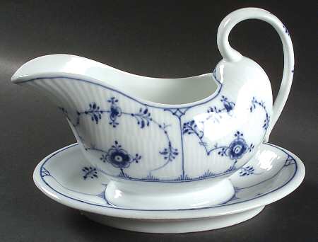 Blue Fluted Plain (No Trim) Gravy Boat with Attached Underplate