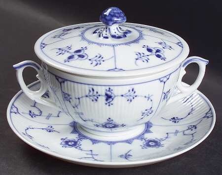 Blue Fluted Plain (No Trim) Cream Soup Bowl & Saucer Set with Lid