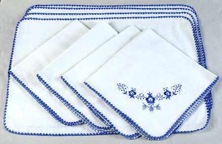 Blue Fluted Plain (No Trim) Cloth Placemat & Napkin Set - Set of 4