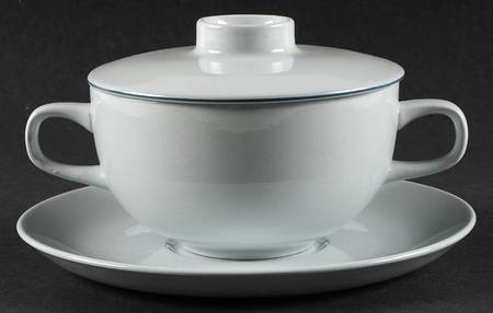 Blue Line Cream Soup Bowl & Saucer Set with Lid