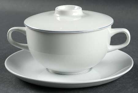 Blue Line Cream Soup Bowl & Saucer Set with Lid
