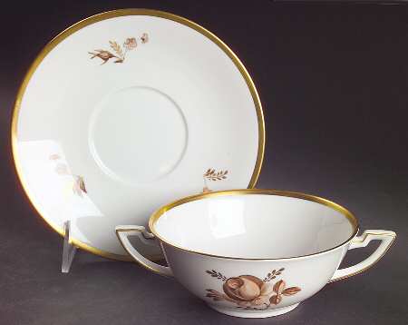 Brown Rose Flat Cream Soup Bowl & Saucer Set