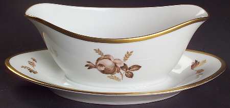 Brown Rose Gravy Boat with Attached Underplate