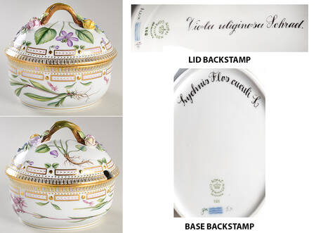 Flora Danica (1961 To Current) Large Sugar Bowl & Lid-Lychnis Flos cuculi L.-Viola uliginosa Schrad by Royal Copenhagen