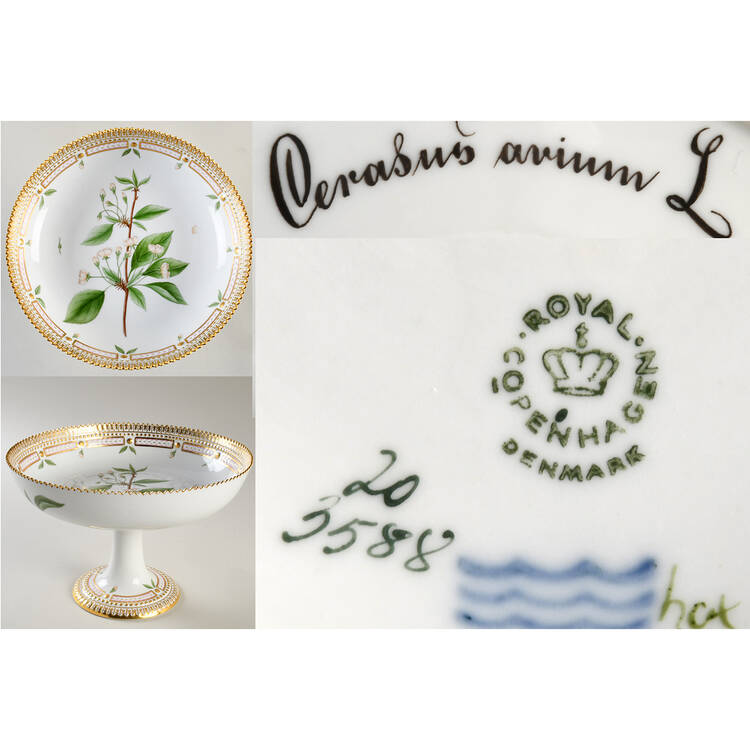 Flora Danica (1961 To Current) Round High Foot Cake Plate-Cerasus avium L. by Royal Copenhagen