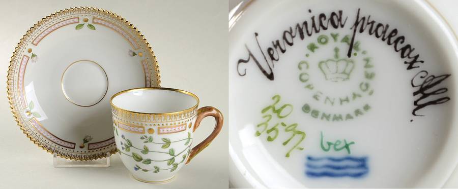 Flora Danica (1961 To Current) Flat Cup & Saucer Set-Veronica procox All