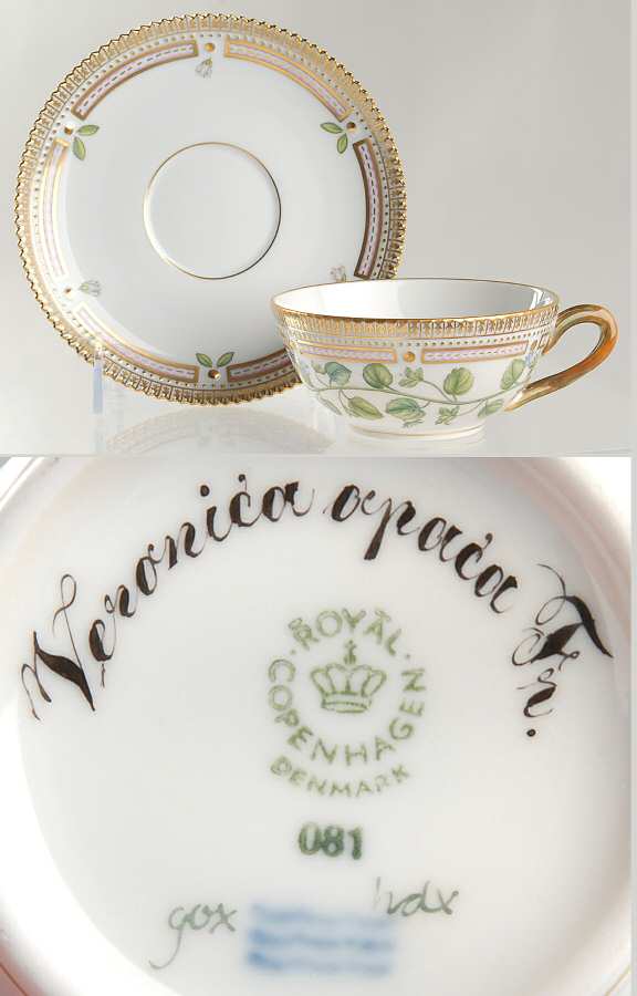 Flora Danica (1961 To Current) Flat Tea Cup & Saucer Set-Veronica opaca Fr