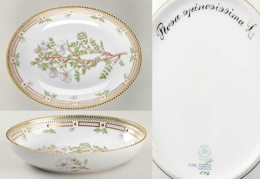 Flora Danica (1961 To Current) 9" Oval Salad Serving Bowl-Rosa spinosissima L.