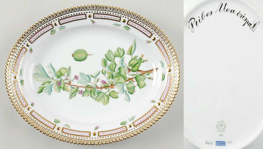 Flora Danica (1961 To Current) 9" Oval Serving Platter-Ribes Uva crispa L