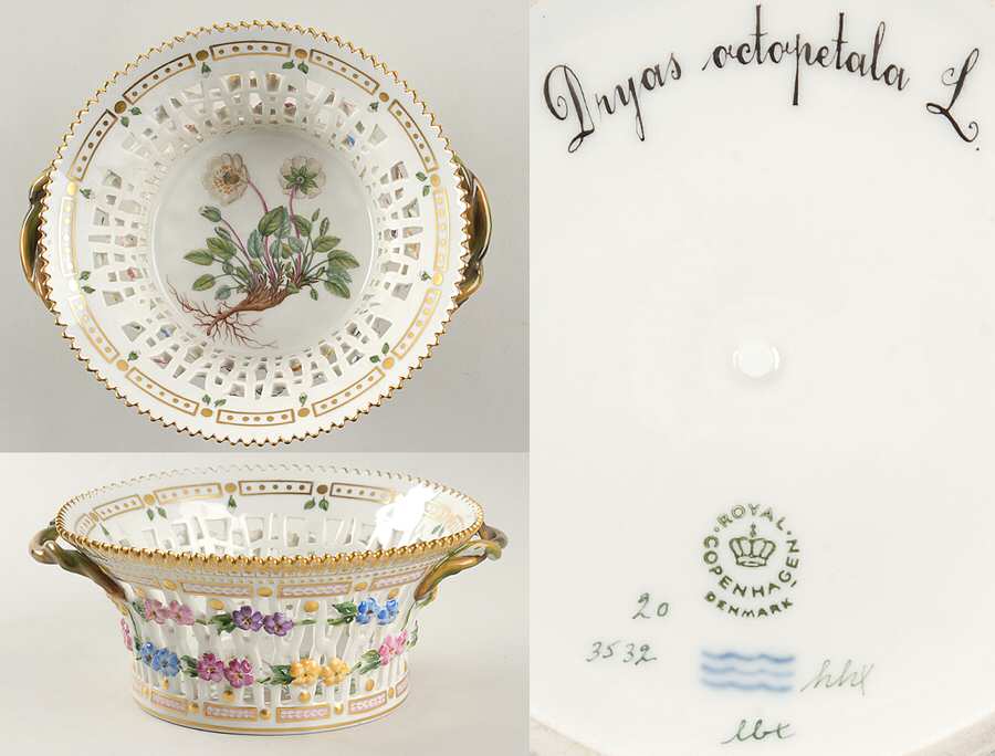 Flora Danica (1961 To Current) 7" Round Fruit Basket-Dryas vetopetala L by Royal Copenhagen